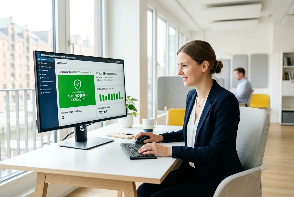 Monitor mit Antivirus-Verwaltungskonsole und Schutzstatus mehrerer Endgeräte