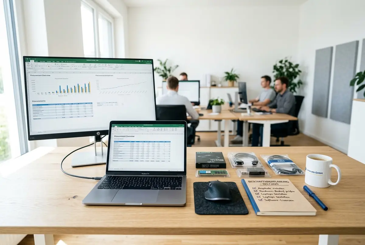 Business-Laptops und Hardware-Komponenten mit Beschaffungs-Checkliste auf einem Tisch