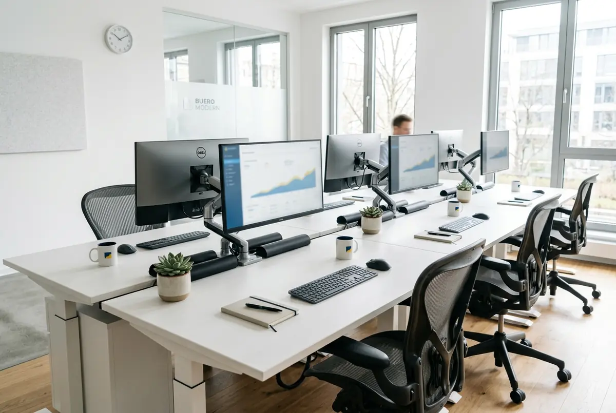 Reihe einheitlicher, aufgeräumter Desktop-Arbeitsplätze in modernem Büro