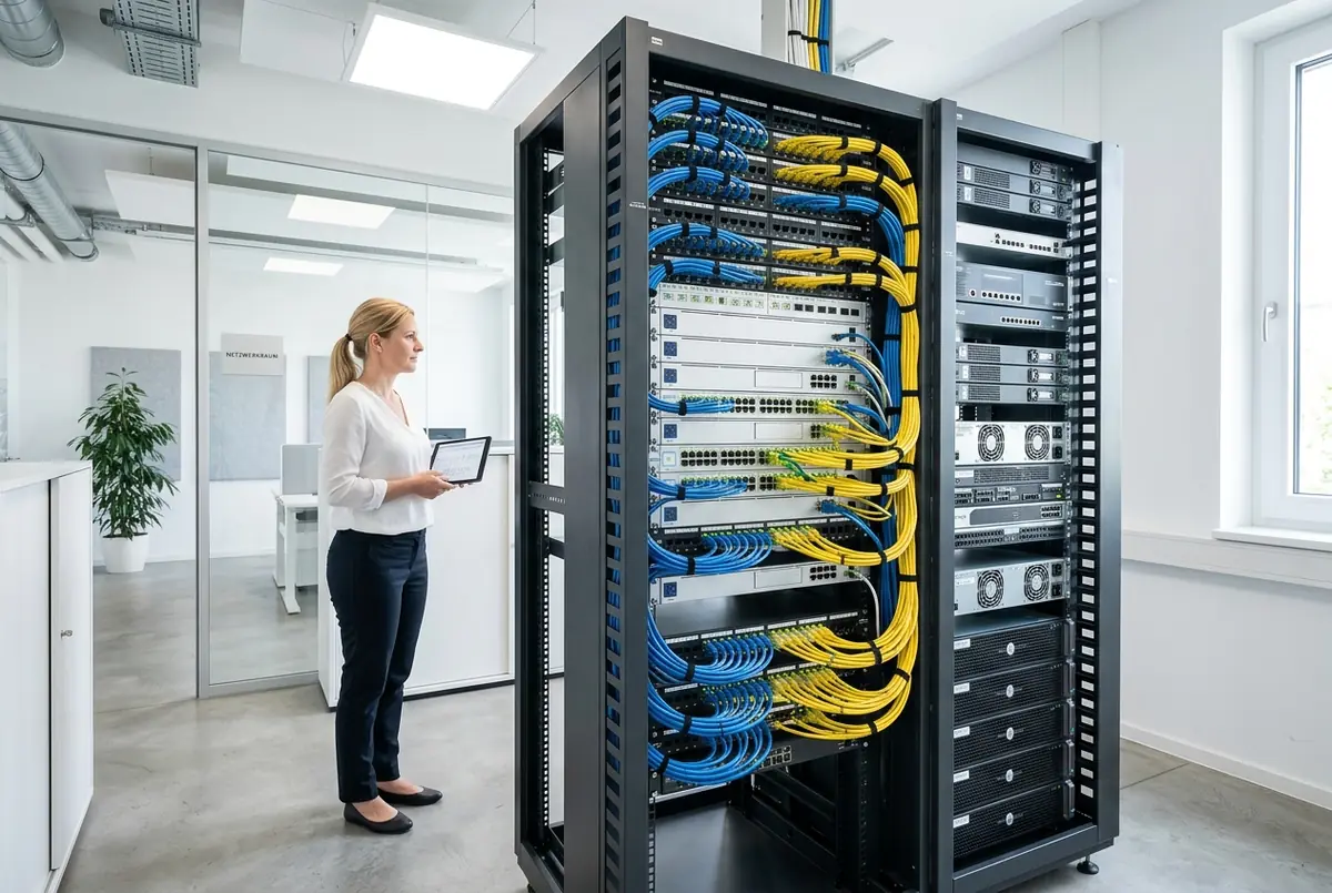 Sauber verkabeltes Netzwerk-Rack mit blauen und gelben Patchkabeln