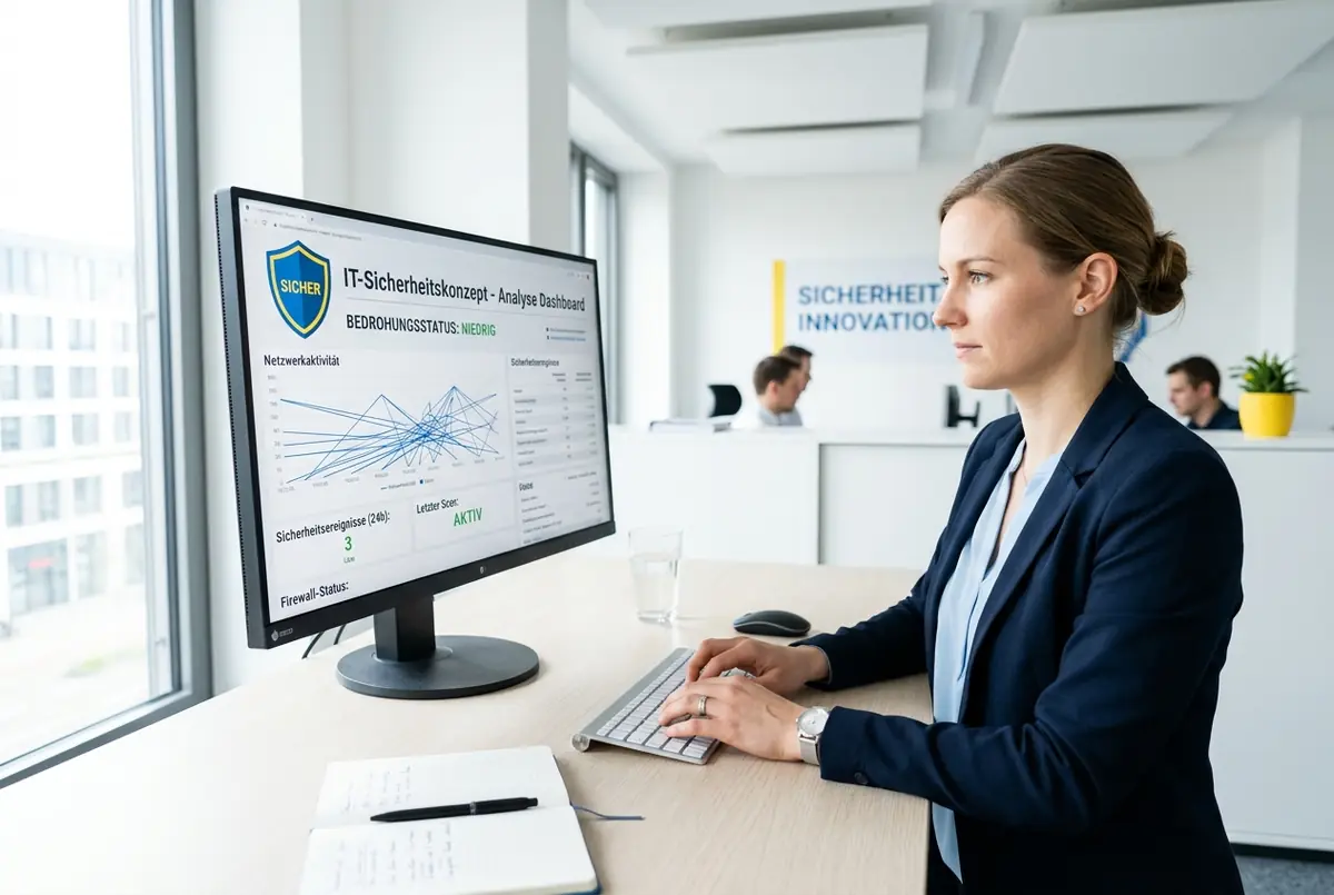 Bildschirm mit Sicherheitsanalyse-Dashboard und Schutzschild-Symbol