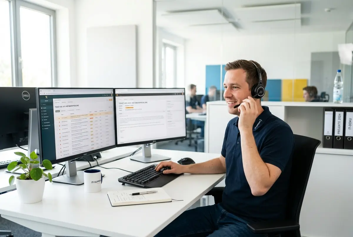 IT-Support-Mitarbeiter mit Headset am Arbeitsplatz